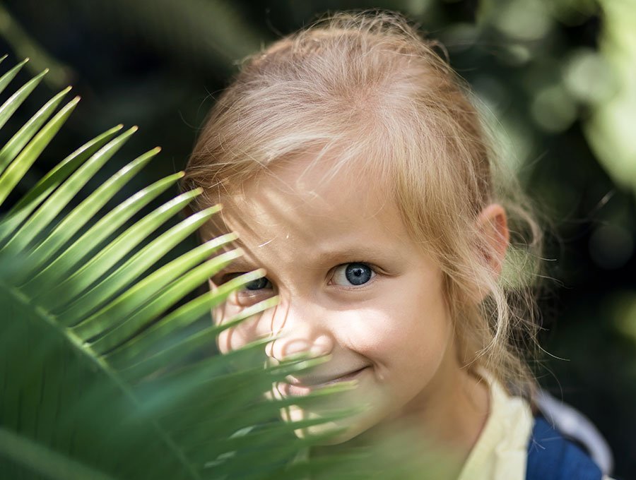 Niña pequeña se esconde detrás de una hoja grande de palmera.